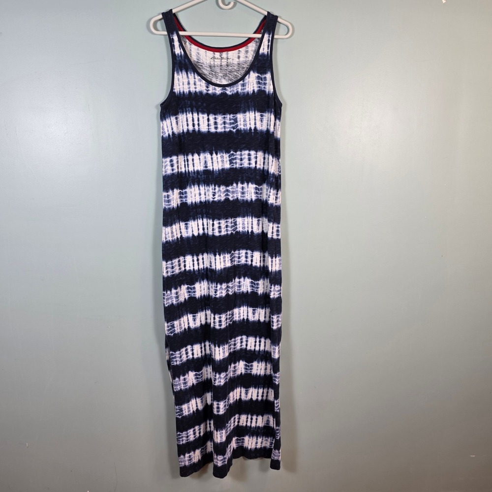 Eddie Bauer Womens Tall Navy Blue Tie Dye Cotton Jersey Sleeveless Maxi Dress M